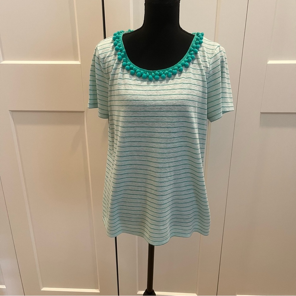 Talbots Mint & White Striped Short Sleeve Top with Pom-Trim Scoop Neckline